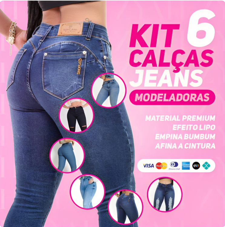 KIT 6 Calças Jeans Modeladoras + Cinto Fivela Argola Dupla de Brinde